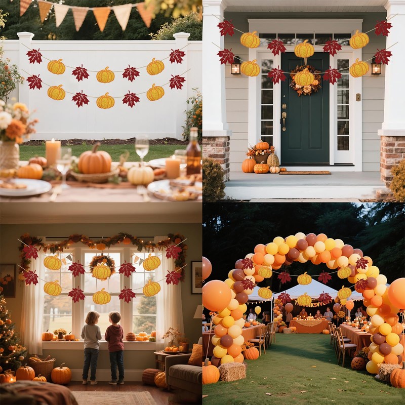 SerpizePaty Thanksgiving Banner, Pre-Strung Fall Maple Leaves Banner With Pumpkin,