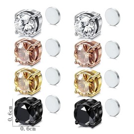 Airokiy 4 Pairs Magnetic Earrings For Women Small 6mm Stainless Steel Magnet Clip On Earrings Non Pierced Crystal CZ round Set Gift Jewellery cartilage multi coloured Fake