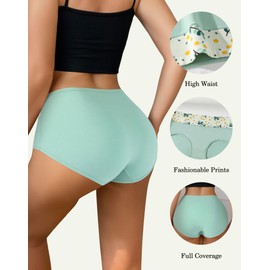 Cotton Women Underwear High Waist Full Coverage Briefs With Lemon & Leaves Print Breathable Stretch Panties Green 4 Pack(K1643-L)