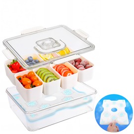 Portable Snackle Box Container with Ice Pack, Snack Container Divided Serving Tray, Cooling Travel Snacklebox with Lid & Handle, 8 Compartment Chilled Serving Tray for Beach, Outdoor, Picinic