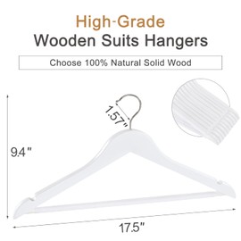 TOPIA HANGER Wooden Coat Hangers 30 Pack, White Wood Suit Hangers with Non Slip Pants Bar, 360° Swivel Hook and Shoulder Notches for Camisole, Jacket, Pants, Smooth Finish Clothes Hangers -CT34W30