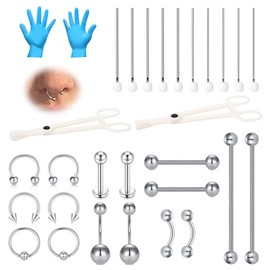 WillTen 30-Piece Piercing Set for All Piercings, Disposable 12G 13G 14G 15G Piercing Tool Clamps Taper for Septum Belly Button Lip Tongue Cartilage Ear Tragus Helix Piercing Kit