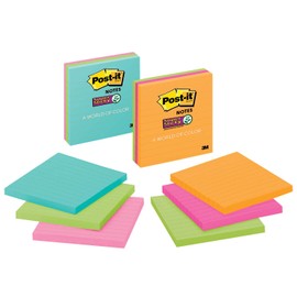 Post-it Super Sticky Notes, 4x4 in, 3 Pads, 2X the Sticking Power, Assorted Bright Colors, Lined (675-3SSMX)