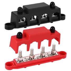 12V - 48V DC 250 Amp Power Distribution Block Bus Bar Terminal Block, 4 x M8 Terminal Studs with Cover and Ring Terminals with Cover, Power Rail for Car, RV, Boat, Marine, Yachts (Red+Black)