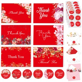 Decorably Thank You Cards with Envelopes & Stickers, Floral-Themed Cards - 24 Pack Red Thank You Cards with Envelopes & Stickers, Blank Inside Thank You Cards Red, 6x4in Red and White Thank You Cards