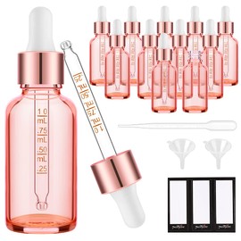 PrettyCare Glass Eye Dropper Bottles 2oz (60ml), 12 Pcs Empty Thick Pink Rose Glass Bottles Bulk with Leakproof Cap - With Labels & Funnel for for Storage, Travel,Essential Oils, DIY Serums, Tincture