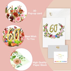 60th Flower Birthday Pop Up Card for Women – Elegant 3D Garden Scene with Roses, Butterfly, Sparkling Gold “60” – Floral Milestone Greeting Card for Her – Includes Envelope and Blank Note