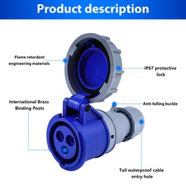 250V 16A 2P+E Industrial Adapter, 3pin CEE Plug/Socket Adapter IP67 Waterproof Flame-Retardant Electrical Engineering Socket Coupling Connector (Socket)