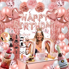 QYIMMIO 70th Happy Birthday Decorations for Women Rose Gold Happy Birthday Banner Number 70 Balloons Fringe Curtain Hanging Swirls Tablecloth Birthday Crown Photo Props for 70th Birthday Party