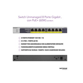 NETGEAR 8-Port Gigabit Ethernet PoE Network Switch, Hub, Internet Splitter (GS108LP) - with 8 x PoE+ @ 60W Upgradeable, Desktop/Rackmount, and ProSAFE Lifetime Protection
