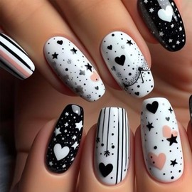 Valentines Press on Nails Medium Square Fake Nails Black White Romantic Starlit Sky Star Design Heart Love False Nails Valentine's Day Acrylic Nails Full Cover Holiday Stick on Nails for Women 24Pcs