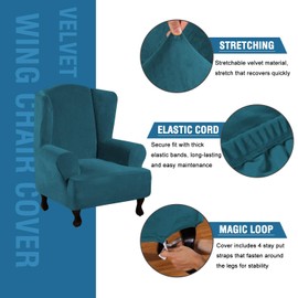 Wing Chair Cover Wing Back Arm Chair Furniture Cover Wing Chair Slipcovers Sofa Cover Velvet Plush High Stretch Slip Resistant Fabric 1 Piece with Elastic Bottom, Wing Chair - Deep Teal
