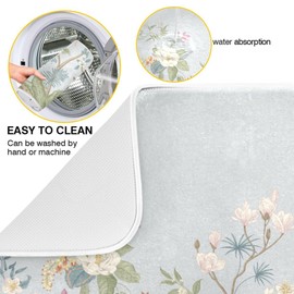 Vintage Floral Leaves Bloom Gray Dish Drying Mat for Kitchen Pastel Colors Microfiber Drying Mats Absorbent Reversible Dish Pad Large Dish Draining Mat 18x24 inch