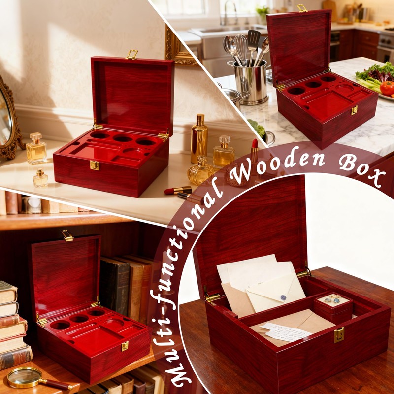 Large Wooden Box Decorative Storage Box with Lock & Accessories