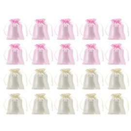 PATIKIL Satin Bags with Drawstring, 50 Pack 3x4 Inch Wedding Favor Bags Mini Gift Packaging Bags for Birthday Christmas Jewelry Party, Pink, Beige