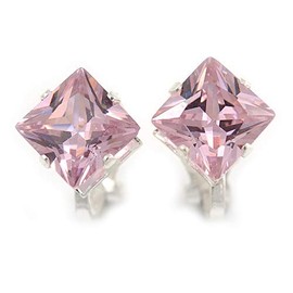 8mm Light Pink Cz Square Clip On Earrings In Rhodium Plating