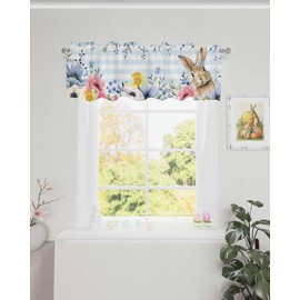 Easter Valance Bunny Blue Eucalyptus Leaves Curtains for Kitchen Window Spring Buffalo Plaid Light Filtering Rod Pocket Easter Curtain Valances Window Treatment for Bathroom Dining Room 42x12in