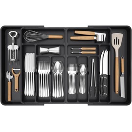 Lifewit Large Silverware Drawer Organizer, Expandable From 21 to 36 Inches, BPA Free Plastic Utensil Tray for Kitchen, Adjustable Flatware and Cutlery Holder for Spoons Forks Knives, Black