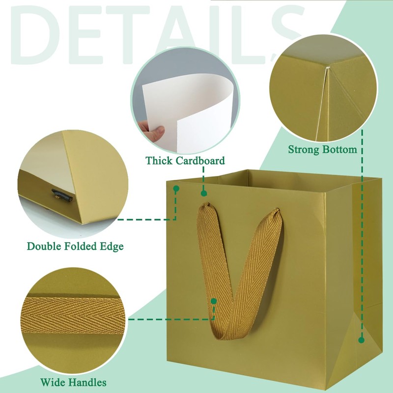 KEYYOOMY Gold Gift Bags with Handles, Square Body Wide Bottom