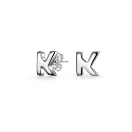 ABC Minimalist Capital Block Alphabet Letter Initial K Stud Earrings For Teen For Women .925 Sterling Silver