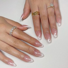 False Nails – French Tip False Nail - Almond Fake Nails - Glossy Nude & White – Glossy Full Coverage, Includes Tool for Easy Nail Art – Perfect Art for Women