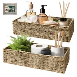 HOMESTEAD 2-Pack Rectangular Seagrass Storage Baskets with Built-In Handles, Handwoven Wicker Baskets for Pantry, Shelf, Closet & Bathroom Organization, 16 × 6.75 × 4.25 in
