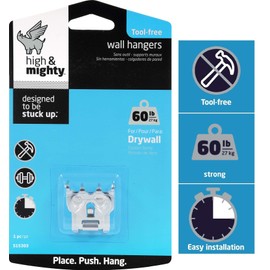 HIGH & MIGHTY 515303 Picture Hanger Set, Easy Tool-Free Dry Wall Art Hangers for Large Artwork, Photos, and Mirrors, Holds up to 60lbs, Steel, Silver