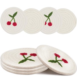 Earndodo Round Cherry Woven Drink Coasters, 5 Inches Cotton Rope Coasters for Drinks, Boho Fruit Design Heat Resistant Cup Coasters for Coffee Table