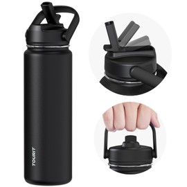 TOURIT 24 oz Insulated Water Bottle, Stainless Steel Water Bottles With Straw, Double Wall Vacuum Insulation for Cold and Hot Drinks, Leak Proof BPA Free Water Flask for Sports and Travel, Black