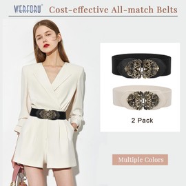 WERFORU Wide Elastic Waist Belt for Women, Ladies Vintage Stretchy Waist Belt Wide Retro Fashion Cinch for Dresses, C-Black+Beige