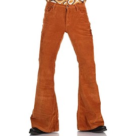 Men's Corduroy Relaxed Vintage 60s 70s Bell Bottom Pants Stretch Fit Classic Comfort Flared Flares Retro Disco Pants, Tangerine, Large