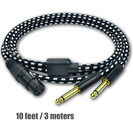 Mugteeve XLR Female to Dual 1/4 Splitter Cable, 10Feet Female XLR to Double Quarter Inch TS Mono Breakout Y Cable, Heavy Duty Nylon Braided, OFC Shielded, for Mixer, Studio Monitor, Audio Interface
