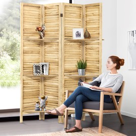 HIGREENA Room Divider 5.6FT Wood Room Divider Panel 4 Panel Folding Room Divider with Shelves Room Divider Screen Partition Room Dividers, Natural Wood