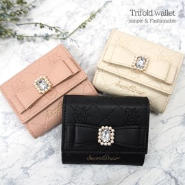 Reborn Company Trifold Wallet Compact Mini Wallet, Women's, Ribbon, Box Coin, Black