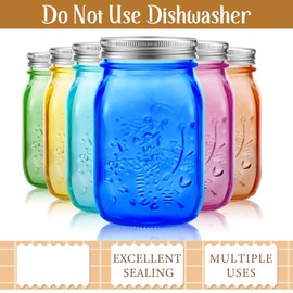 Yinder 12 Pieces 32 oz Colored Mason Jars Glass Mason Jars with Lids Glass Wide Mouth Canning Jar NOT Allowed Dishwasher(Cute Colors)