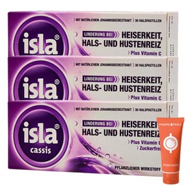 Isla Cassis 3 x 30 Throat Lozenges, Relief from Hoarseness, Throat and Cough Stimulation, Lozenges, Plus Vitamin C, Currant Extract, Plant-Based, Economy Set Plus Pharma Perle Give-Away