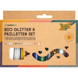 folia 5791 - Organic Glitter & Sequins Set Rainbow, 10 Tubes Including 90 g Decorative Glue, Organic Glitter and Sequins in Various Shapes and Colours, for Decorating and Decorating