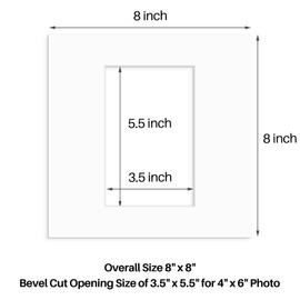 Golden State Art, Pack of 5 Acid Free Bevel Cut 4-Ply Thickness White Core Picture Mats for Photos (White, 8x8 for 4x6 Photo)