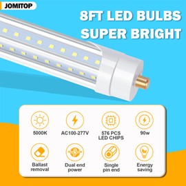 JOMITOP 8FT LED Bulb T8 90W V Shaped Led Tube Light,Need Bypass Ballast,Single Pin FA8 Base 5000K Daylight White, 8 Foot (Replace 180W Lamp) Dual-Ended Power AC 90-277V 10 Pack