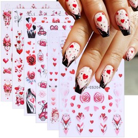 6 Sheets Valentines Nail Stickers for Nail Art Hearts Nail Decals 3D Self-Adhesive Valentine's Day Nail Art Supplies Pink Red Heart Love Angel Rose DIY Manicure Design Nail Art Stickers for Women