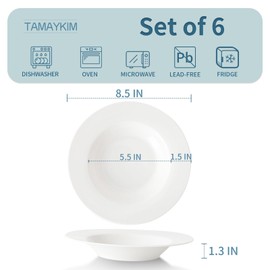 TAMAYKIM 6 Piece Porcelain Pasta Bowls, 8 oz 8.5 Inch Round Wide Rim Soup Plates - Microwave & Dishwasher Safe Dinnerware Set for Salad, Appetizers, Italian Cuisine - Scratch Resistant (White)​