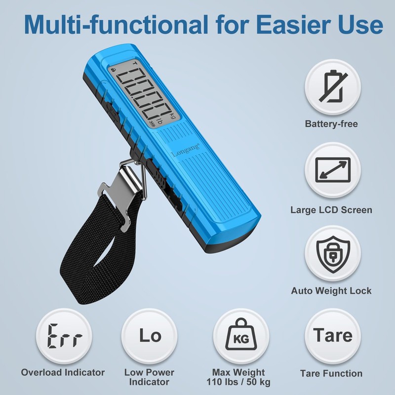Battery-Free Digital Luggage Scale, 110lbs/50kg Portable Handheld Hanging Scale for
