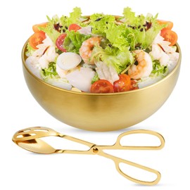 Supkiir - Ensaladera de acero inoxidable con pinza de ensalada dorada, 9.8 x 4.5 pulgadas, 55 onzas, tazón de cocina dorado, tazón grande para servir para mezclar cocina, hornear, preparar, ensalada,