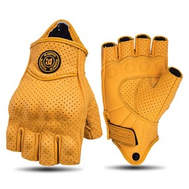 mjmoto Classic Vintage Perforation Leather Motorcycle Gloves Half Finger Protected Moto Motocross Racing Glove Fingerless Summer Yellow (Yellow-Hole, Medium)
