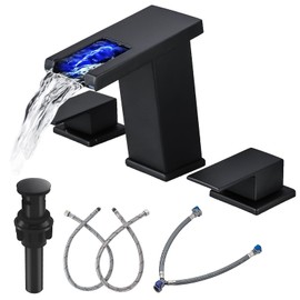 RUITHOE LED Bathroom Faucet 3 Hole, Matte Black Waterfall Bathroom Faucets, 8 Inch Widespread Modern Bathroom Sink Faucet & Parts, Wide Spread Touch On Three Hole 2 Handle Bath Vanity Faucet Mixer