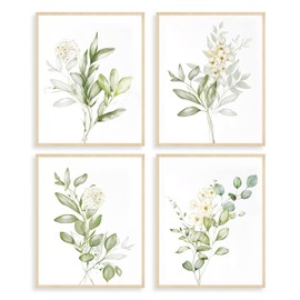 Dazzlewall Set of 4 Botanical Watercolour Flowers Wall Pictures, Sage Green Plants Prints, Minimalist Leaves Canvas Pictures for Bedroom, Bathroom Decoration, 20 x 25 cm, Unframed