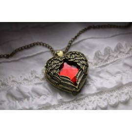 Steampunk Golden Winged Ruby Crystal Heart  Pendant on 24" Chain Necklace