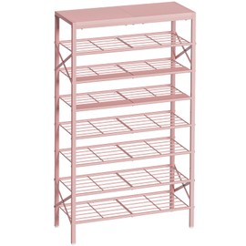 UNITSTAGE 8-Tier Tall Shoe Rack Organizer Shoe Storage for Entryway 24-32 Pairs Metal Shoe Rack for Closet Heavy-Duty Shoe Rack with Wooden Top Shelf for Garage Pink