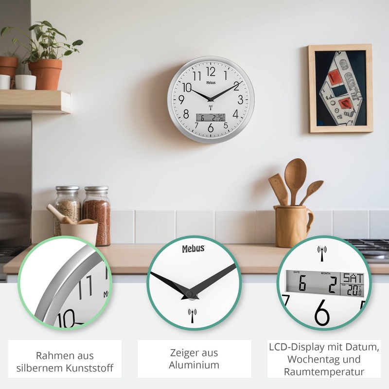 Mebus 19422 Wireless Wall Clock 29 cm Silent LCD Display