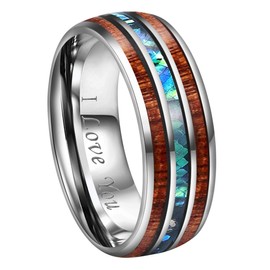 CROWNAL 8mm Rare Koa Wood And Abalone Shell Inlay Tungsten Carbide Ring Men Women Wedding Band High Polished Engraved I Love You Size 7 To 17 (8mm,9.5)